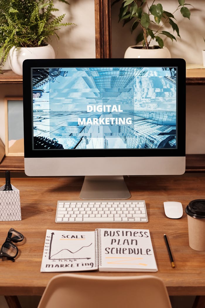 About Contemporary office setup featuring digital marketing strategy on a computer screen, ideal for business technology themes.